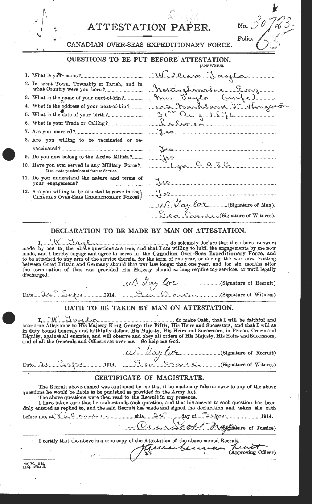 Dossiers du Personnel de la Première Guerre mondiale - CEC 628107a