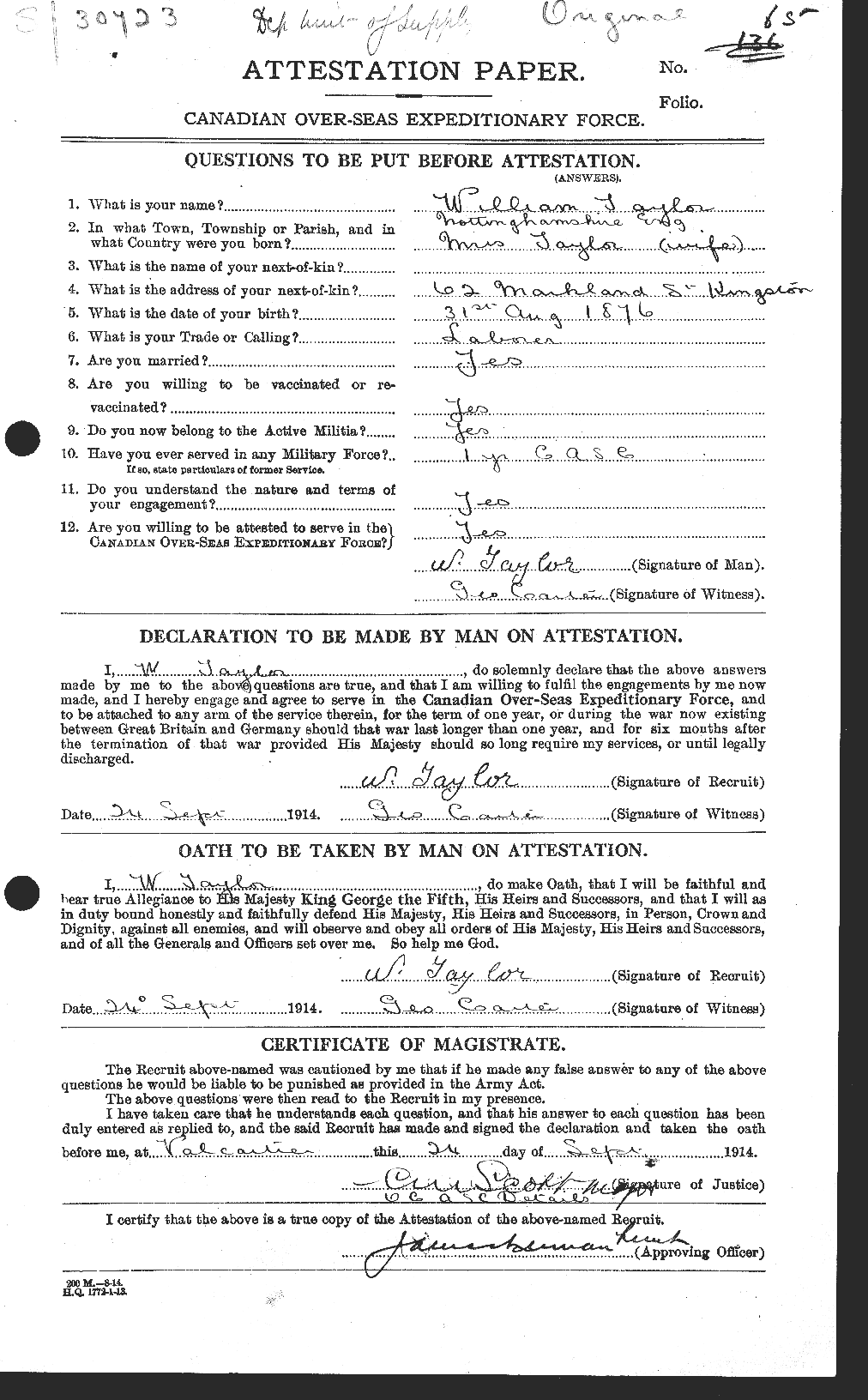 Dossiers du Personnel de la Première Guerre mondiale - CEC 628108a