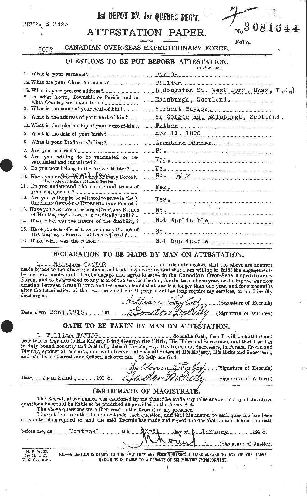 Dossiers du Personnel de la Première Guerre mondiale - CEC 628110a
