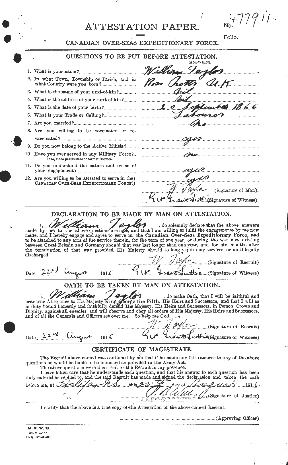 Dossiers du Personnel de la Première Guerre mondiale - CEC 628126a