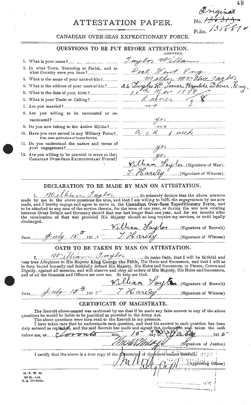 Dossiers du Personnel de la Première Guerre mondiale - CEC 628160a