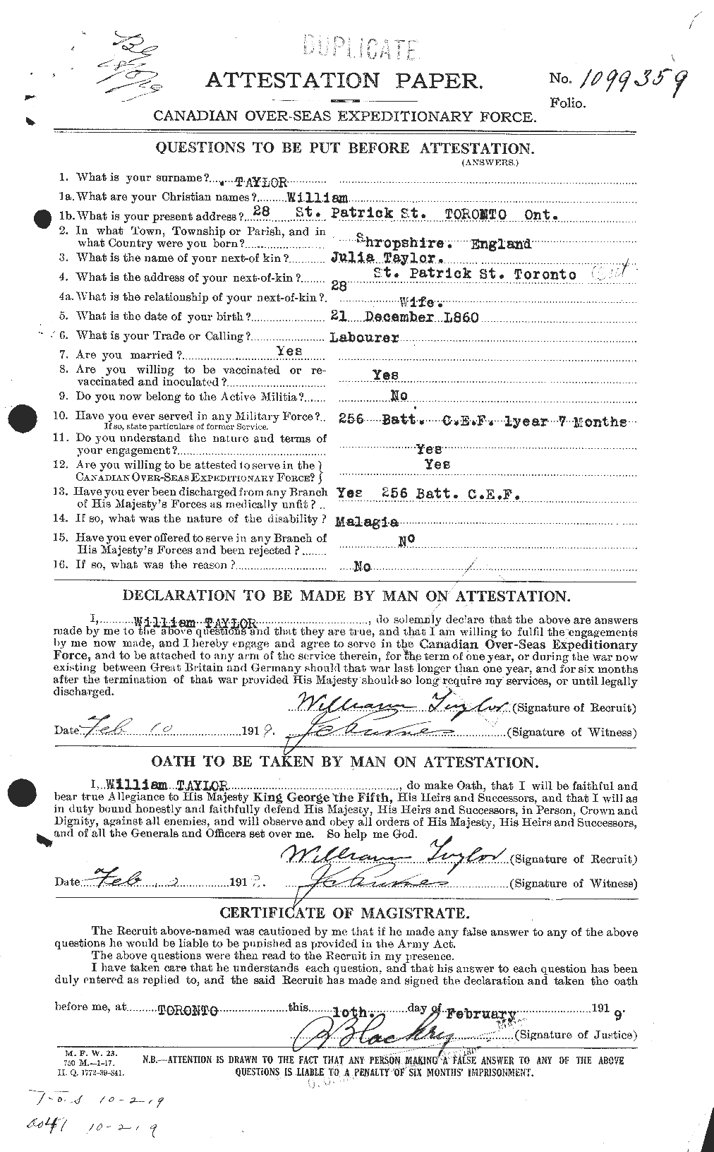 Dossiers du Personnel de la Première Guerre mondiale - CEC 628173a