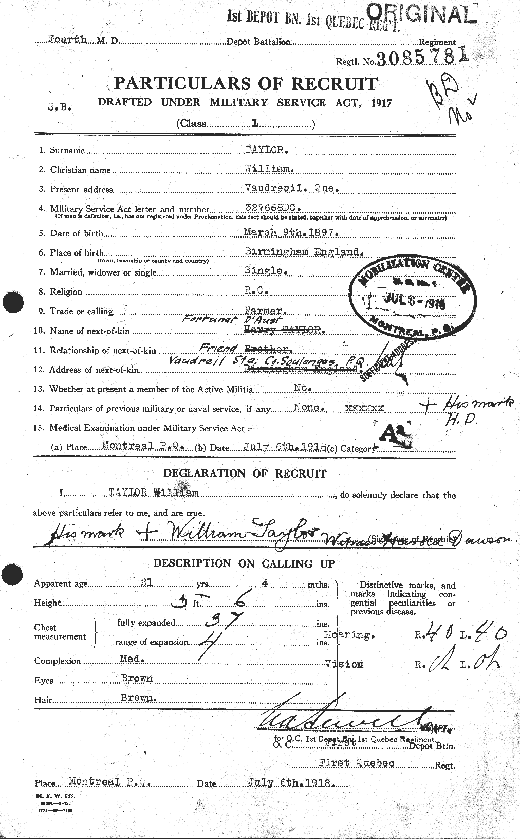 Dossiers du Personnel de la Première Guerre mondiale - CEC 628183a