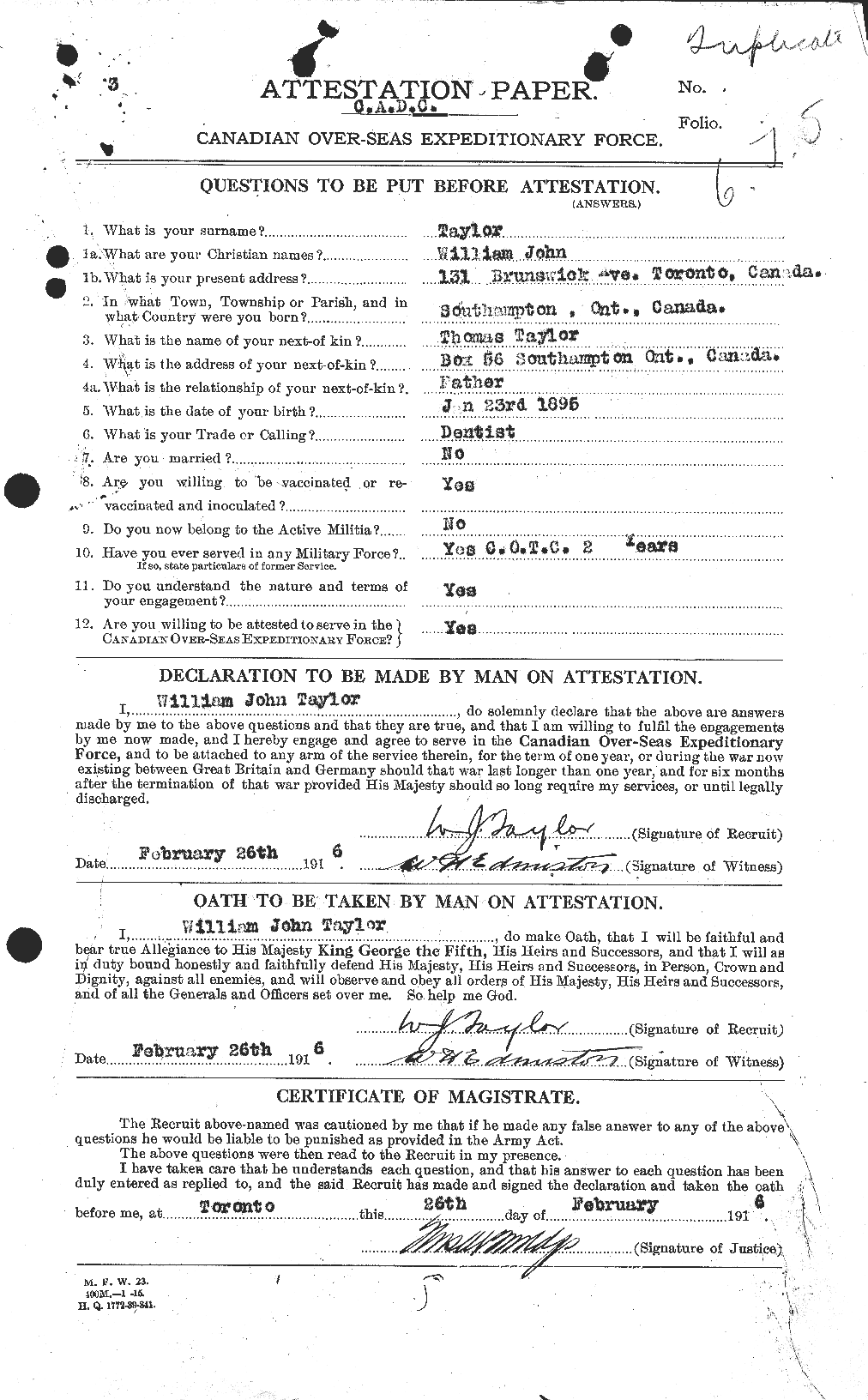 Dossiers du Personnel de la Première Guerre mondiale - CEC 628303a
