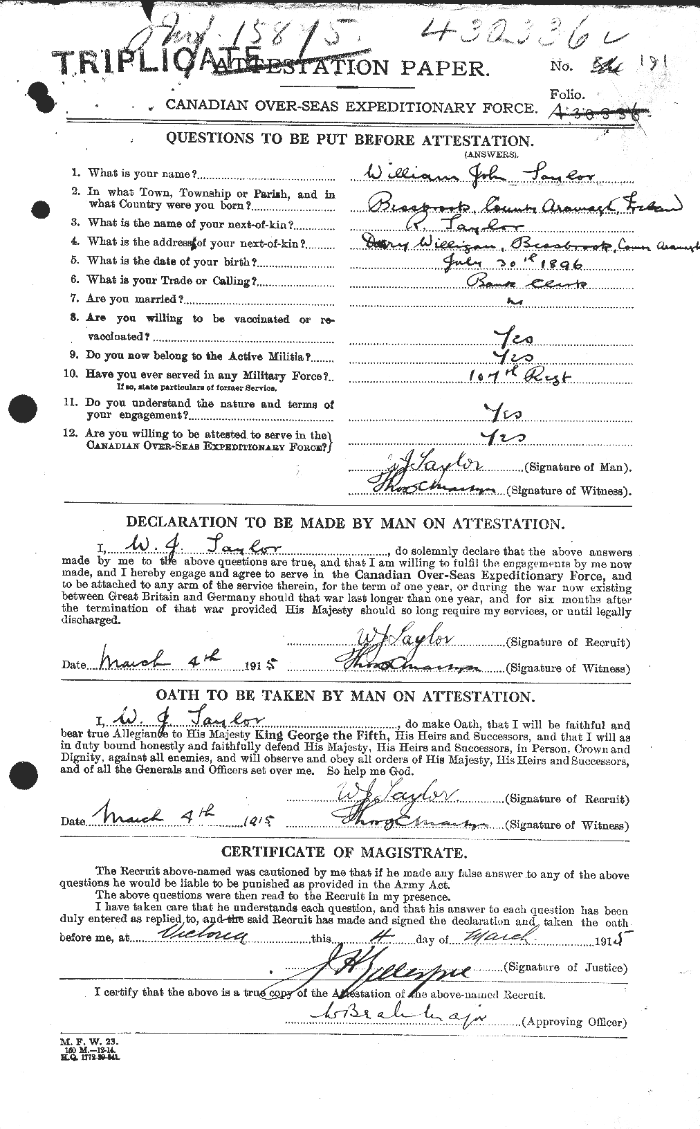 Dossiers du Personnel de la Première Guerre mondiale - CEC 628305a
