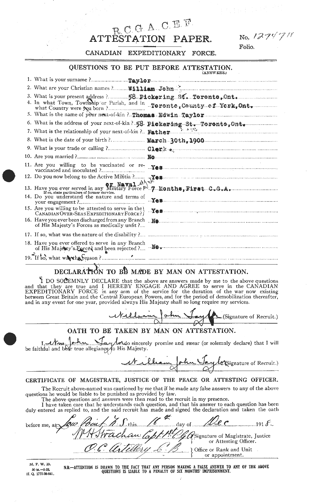 Dossiers du Personnel de la Première Guerre mondiale - CEC 628308a