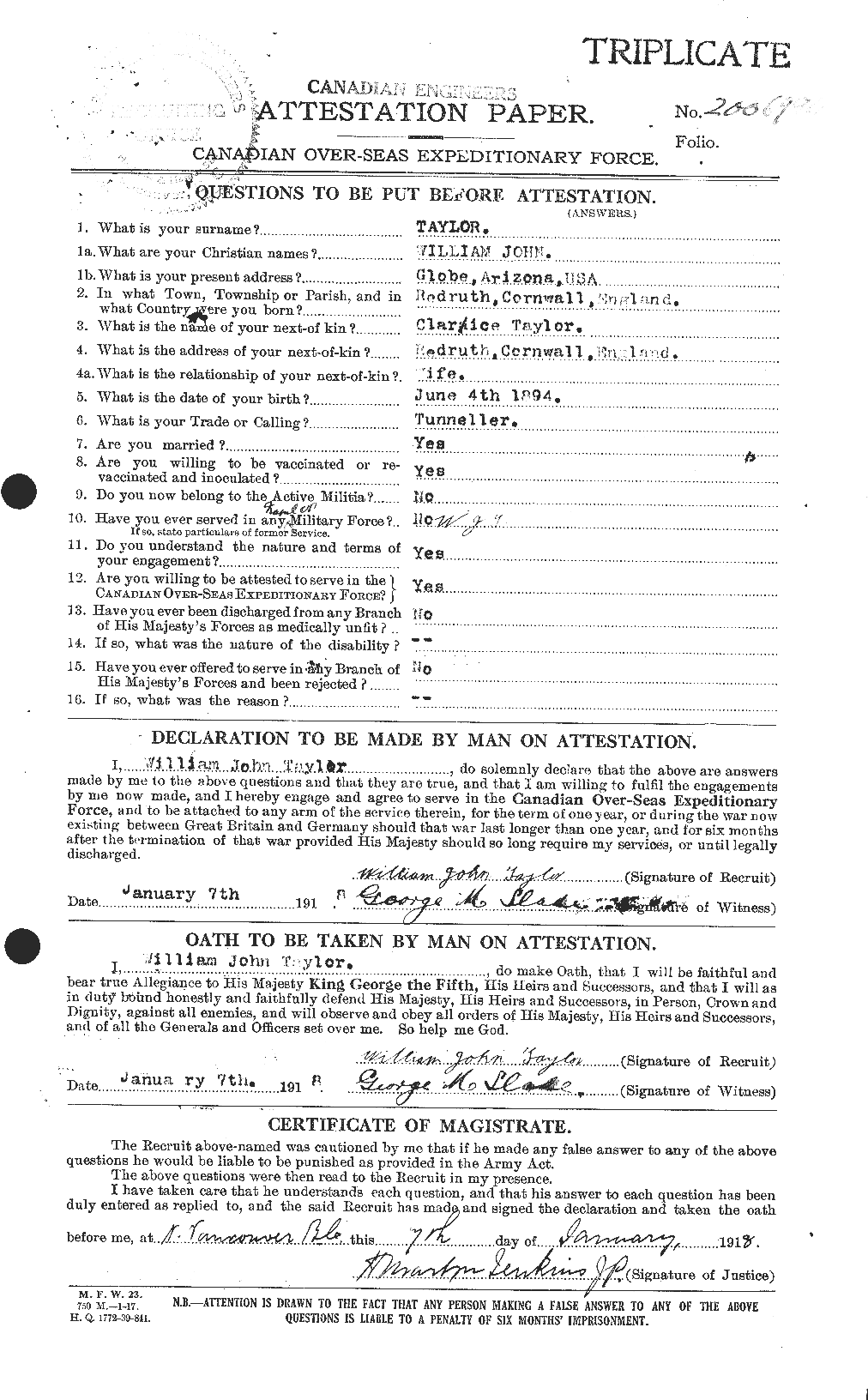 Dossiers du Personnel de la Première Guerre mondiale - CEC 628311a