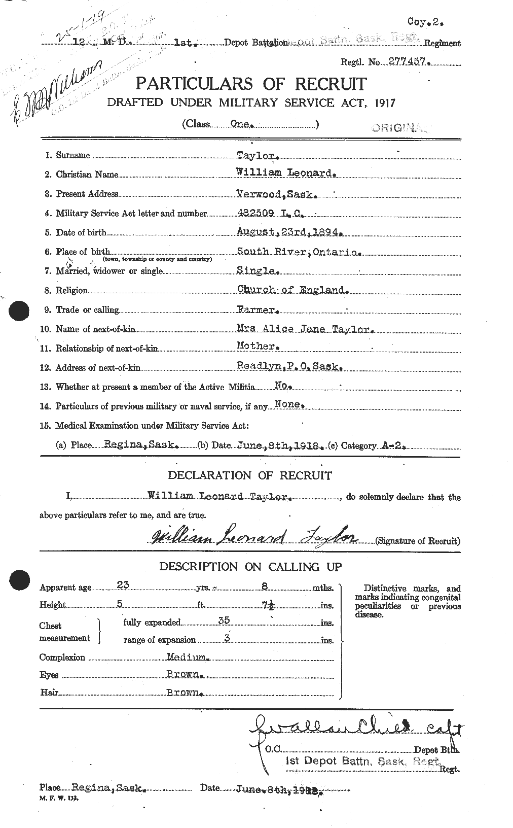 Dossiers du Personnel de la Première Guerre mondiale - CEC 628321a
