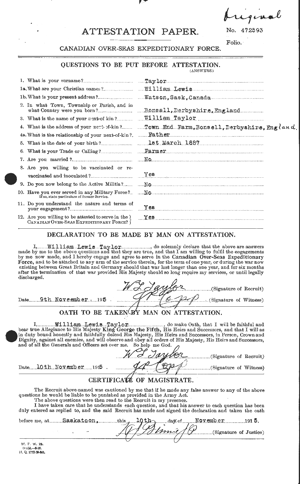Dossiers du Personnel de la Première Guerre mondiale - CEC 628324a
