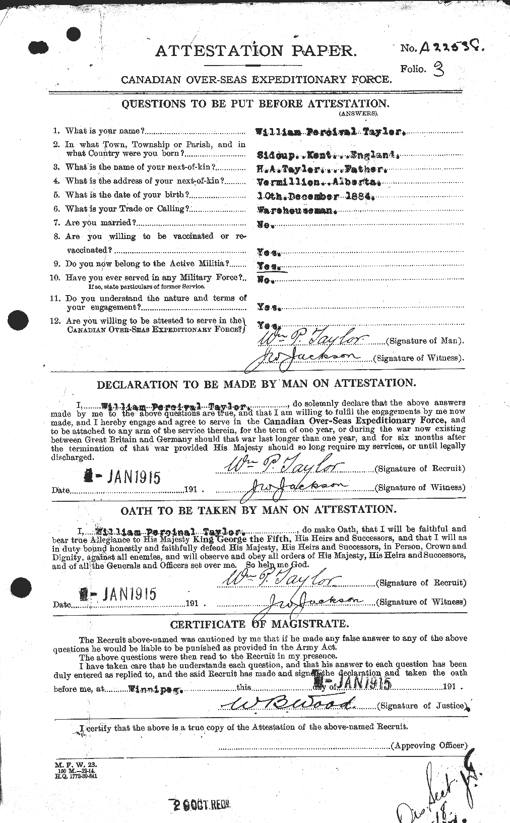 Dossiers du Personnel de la Première Guerre mondiale - CEC 628334a