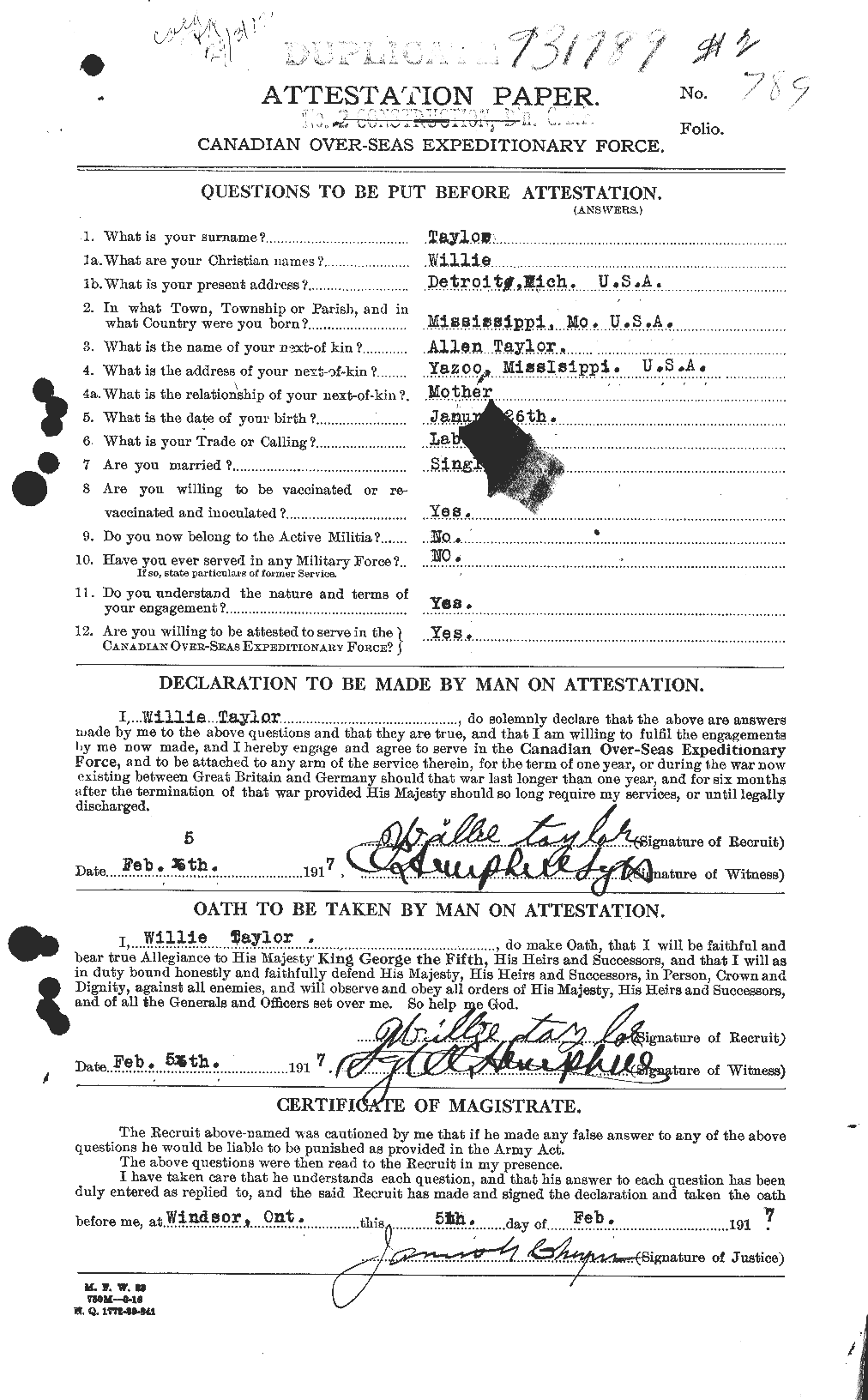 Dossiers du Personnel de la Première Guerre mondiale - CEC 628369a
