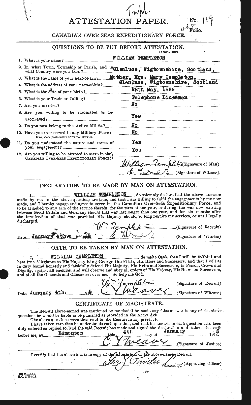 Dossiers du Personnel de la Première Guerre mondiale - CEC 629181a