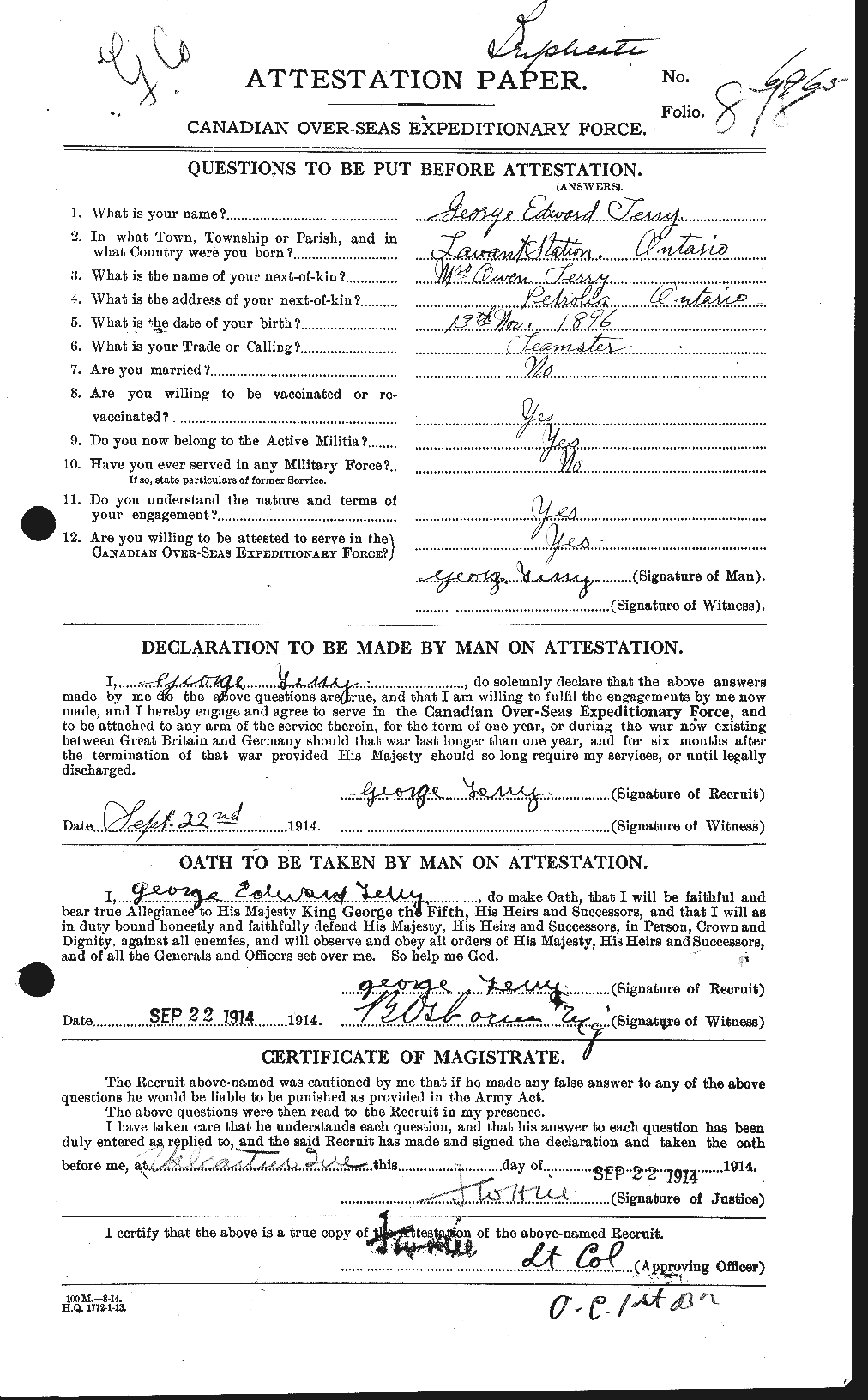 Dossiers du Personnel de la Première Guerre mondiale - CEC 629278a