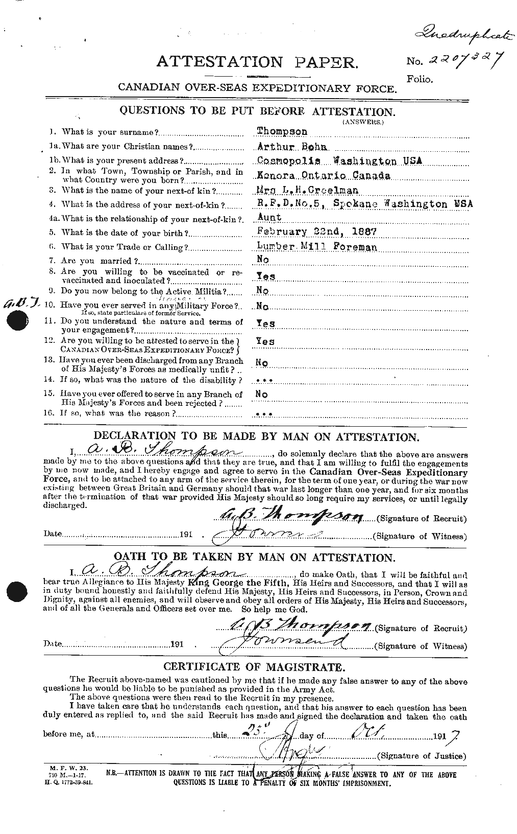 Dossiers du Personnel de la Première Guerre mondiale - CEC 630287a