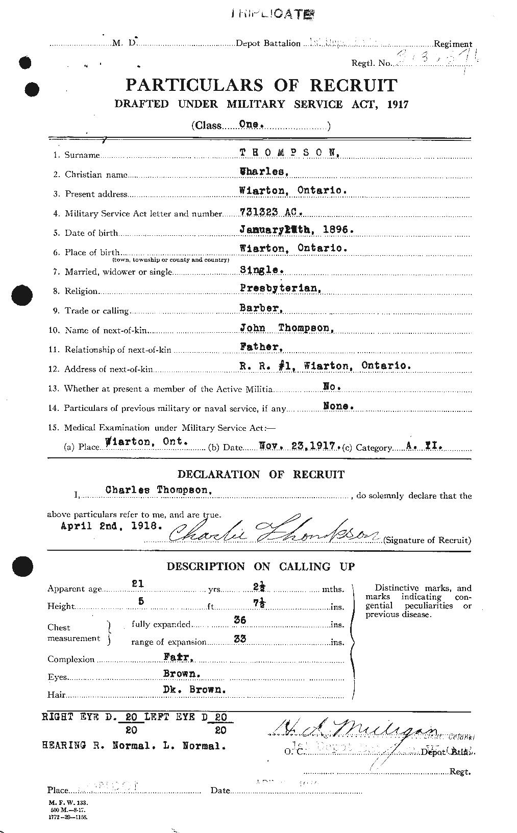 Dossiers du Personnel de la Première Guerre mondiale - CEC 630354a