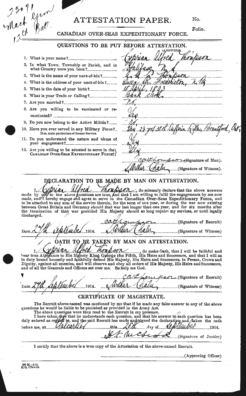 Dossiers du Personnel de la Première Guerre mondiale - CEC 630478a