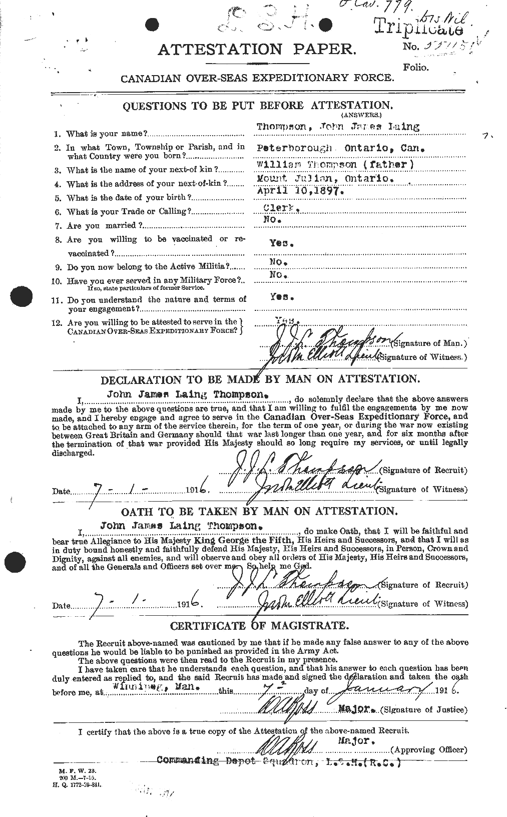 Dossiers du Personnel de la Première Guerre mondiale - CEC 630591a