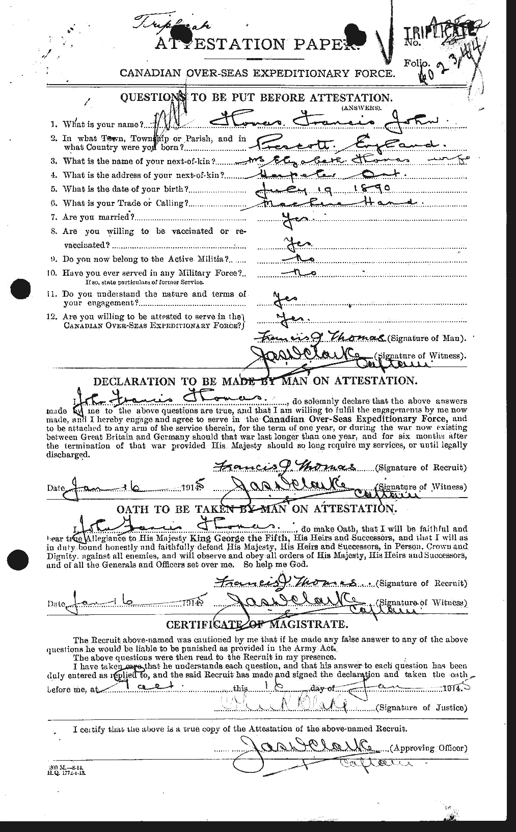 Dossiers du Personnel de la Première Guerre mondiale - CEC 631582a
