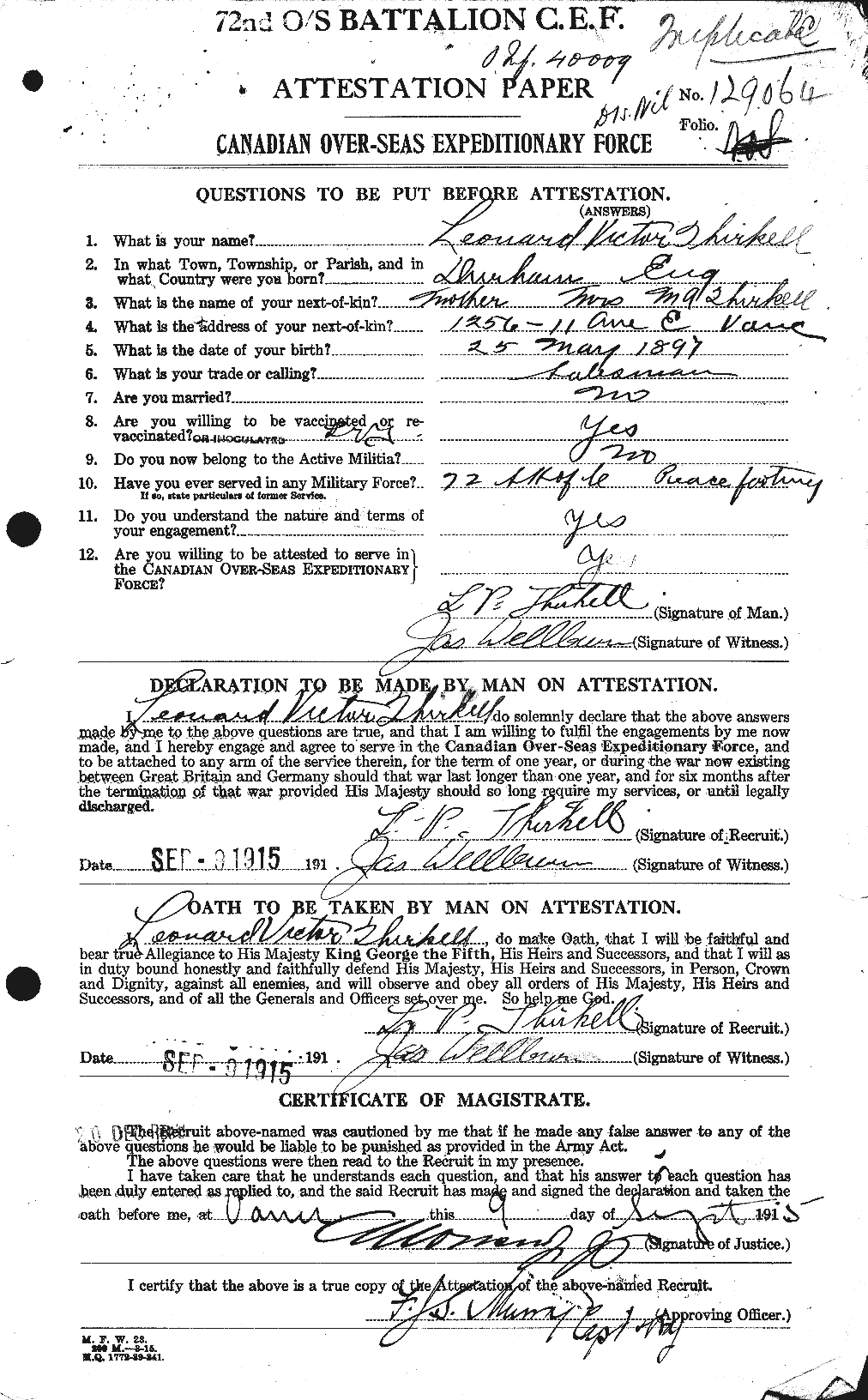 Dossiers du Personnel de la Première Guerre mondiale - CEC 632055a