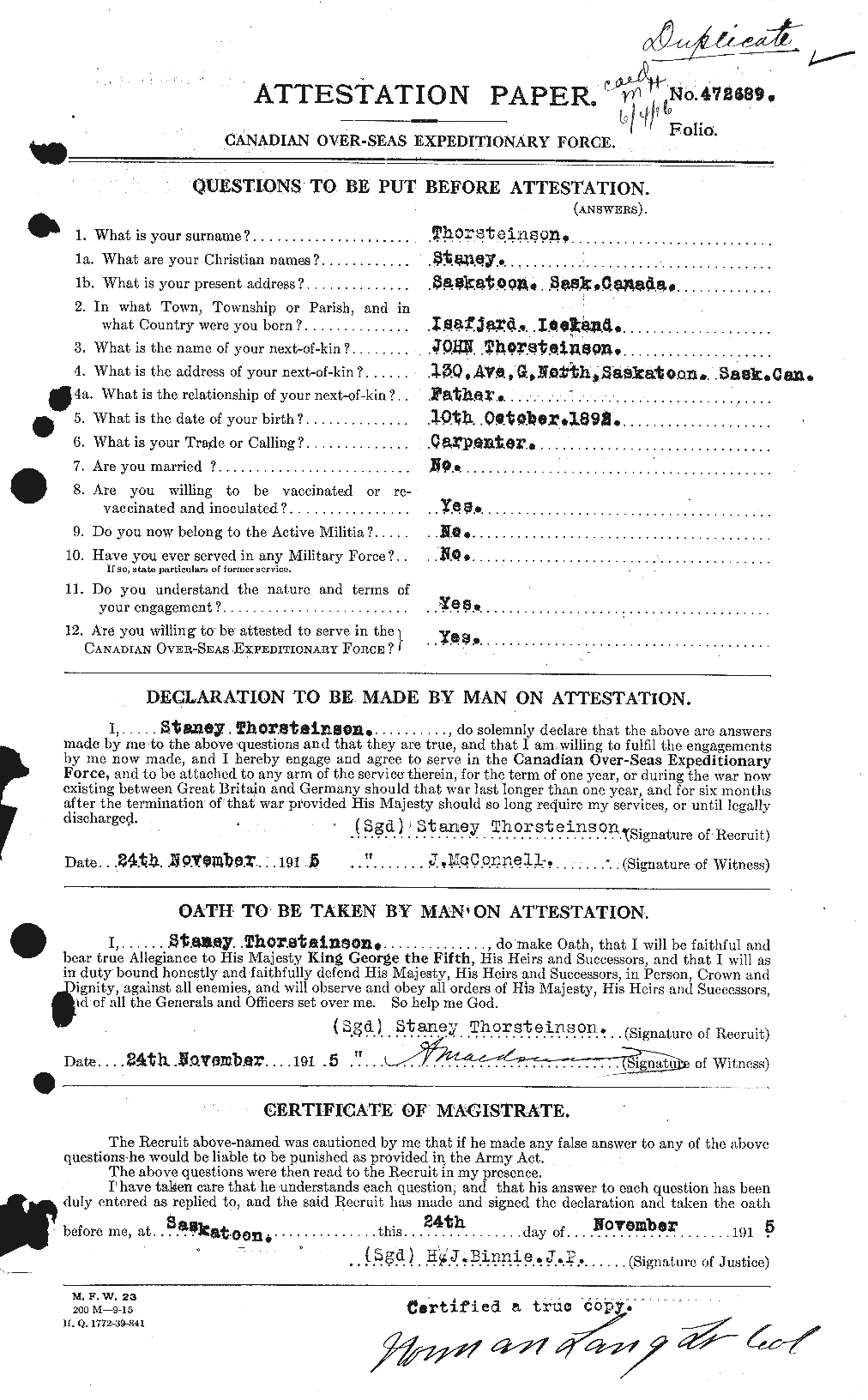 Dossiers du Personnel de la Première Guerre mondiale - CEC 633867a