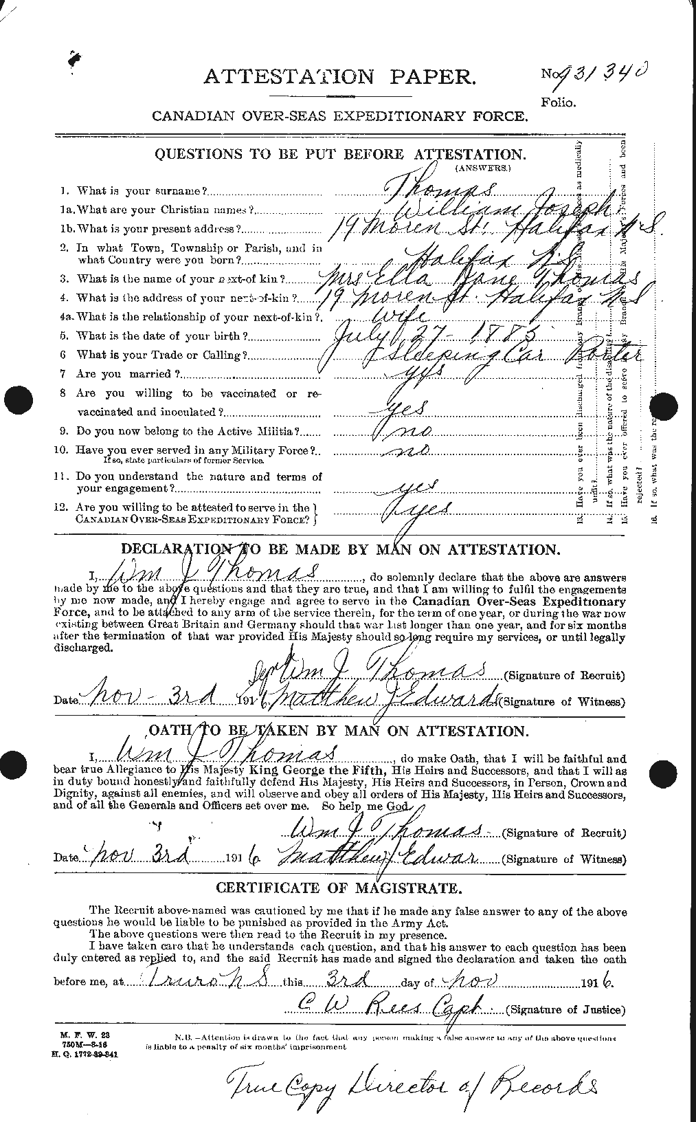 Dossiers du Personnel de la Première Guerre mondiale - CEC 634503a