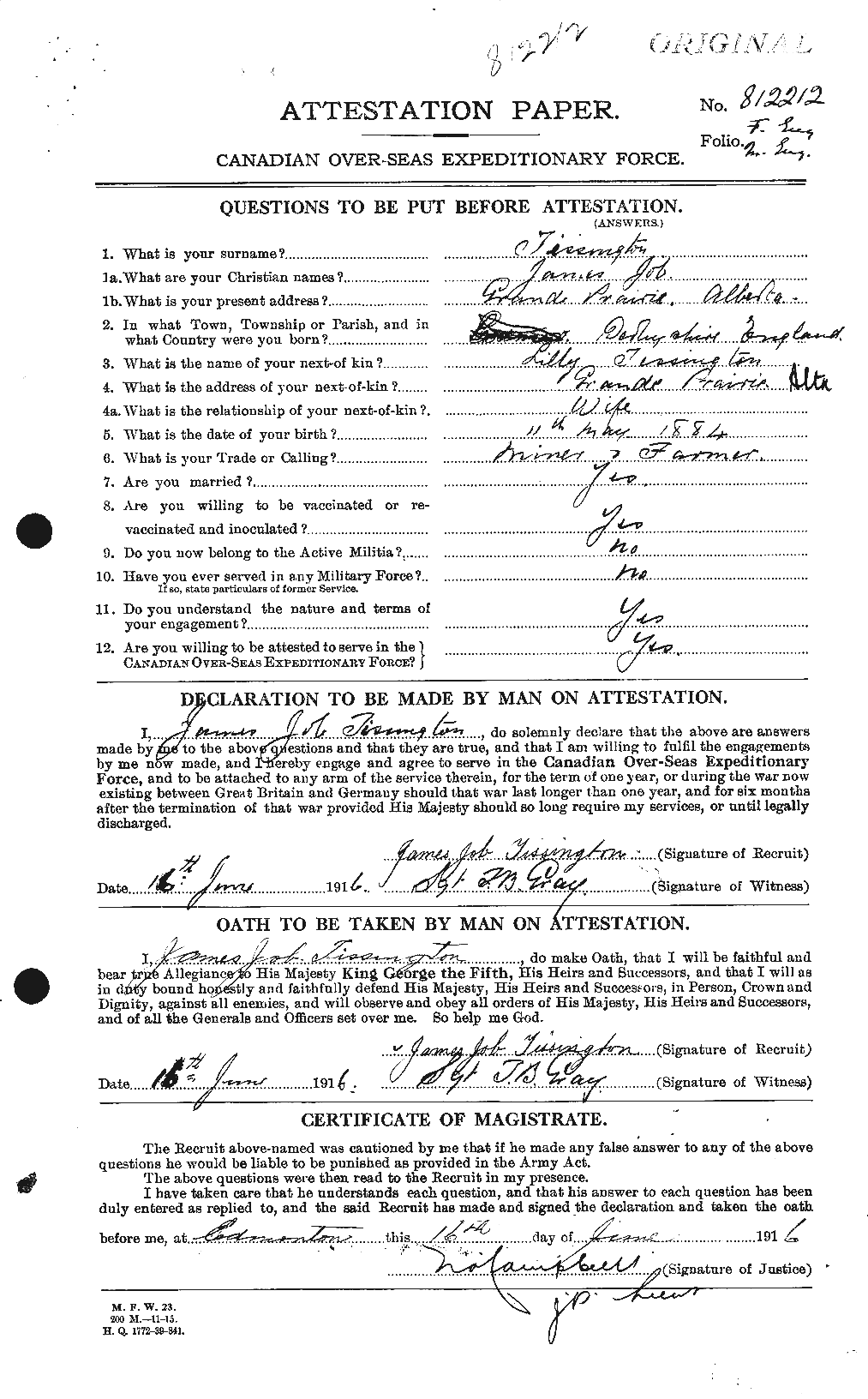 Dossiers du Personnel de la Première Guerre mondiale - CEC 634864a