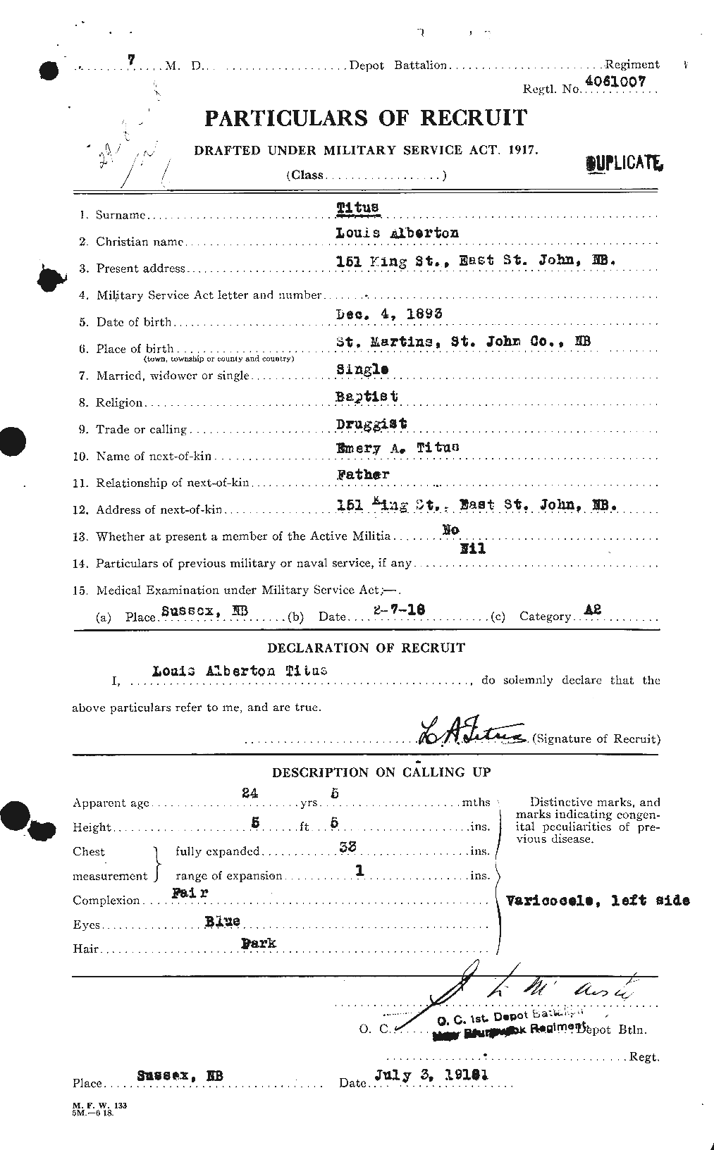 Dossiers du Personnel de la Première Guerre mondiale - CEC 634977a