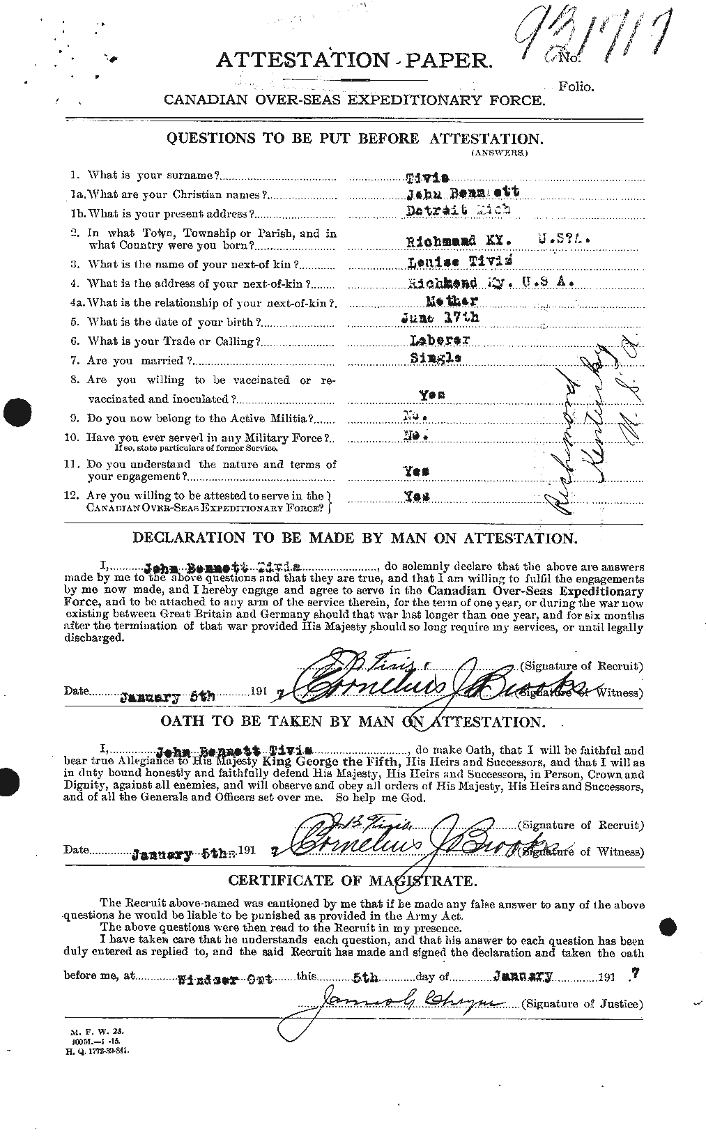 Dossiers du Personnel de la Première Guerre mondiale - CEC 634995a