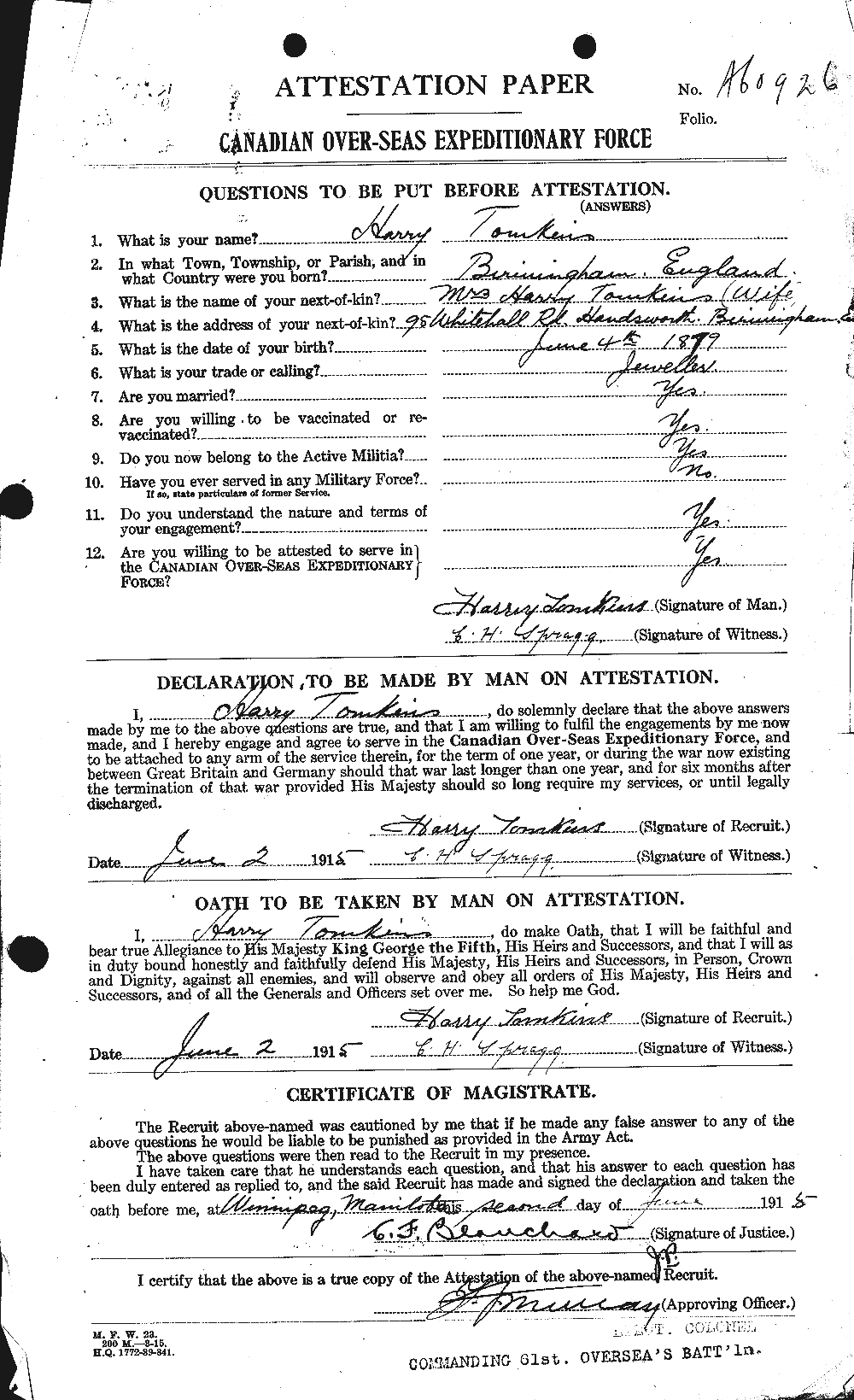 Personnel Records of the First World War - CEF 635401a