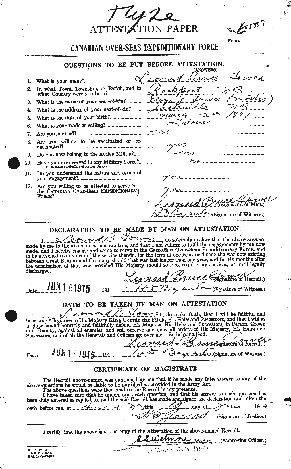 Dossiers du Personnel de la Première Guerre mondiale - CEC 636197a