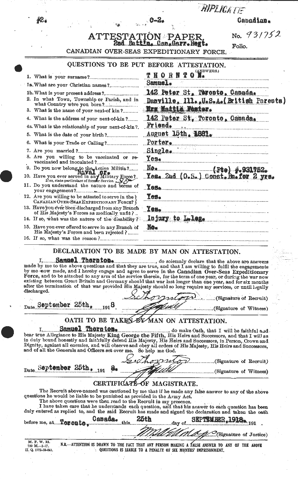 Dossiers du Personnel de la Première Guerre mondiale - CEC 636885a