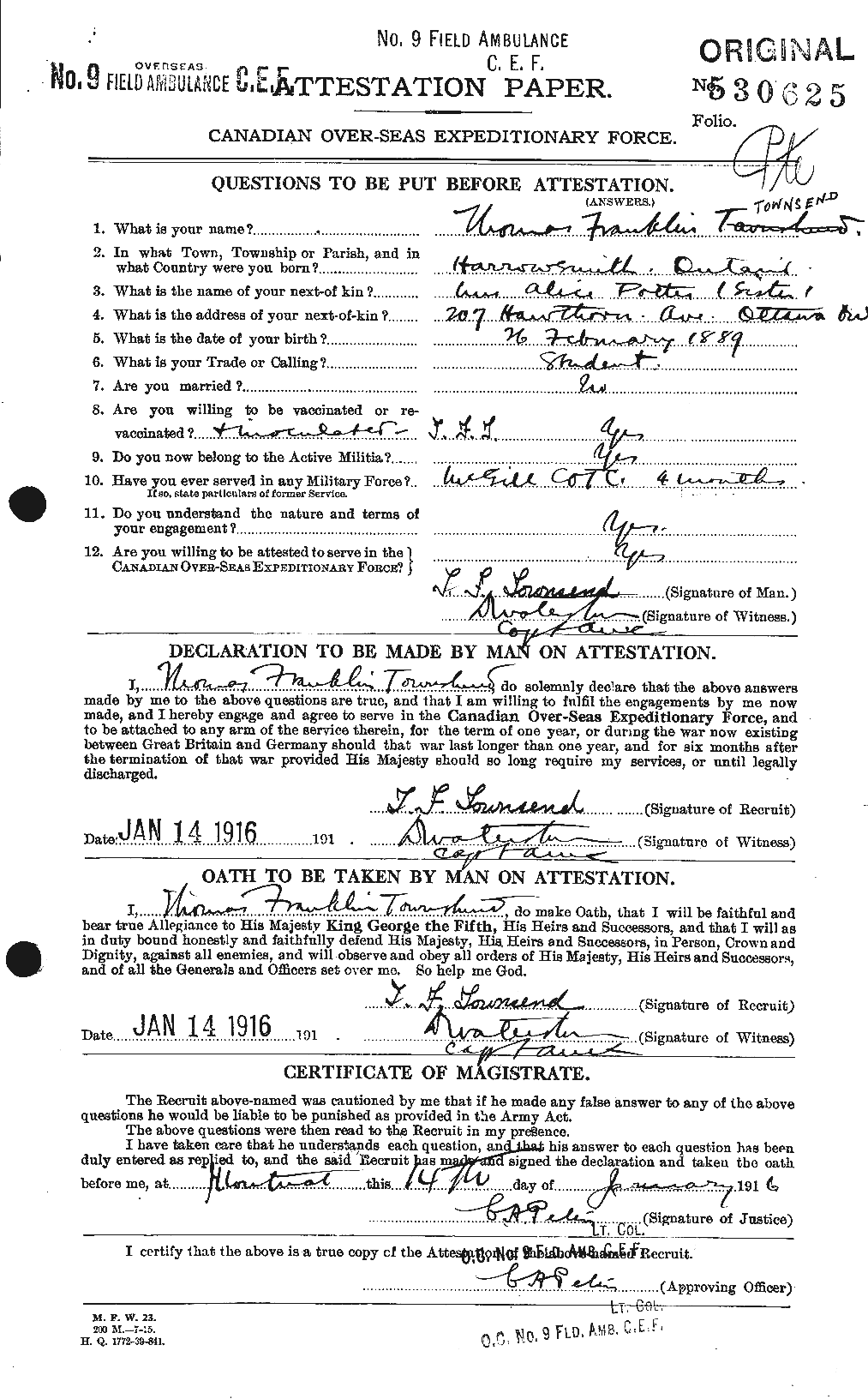 Dossiers du Personnel de la Première Guerre mondiale - CEC 637224a