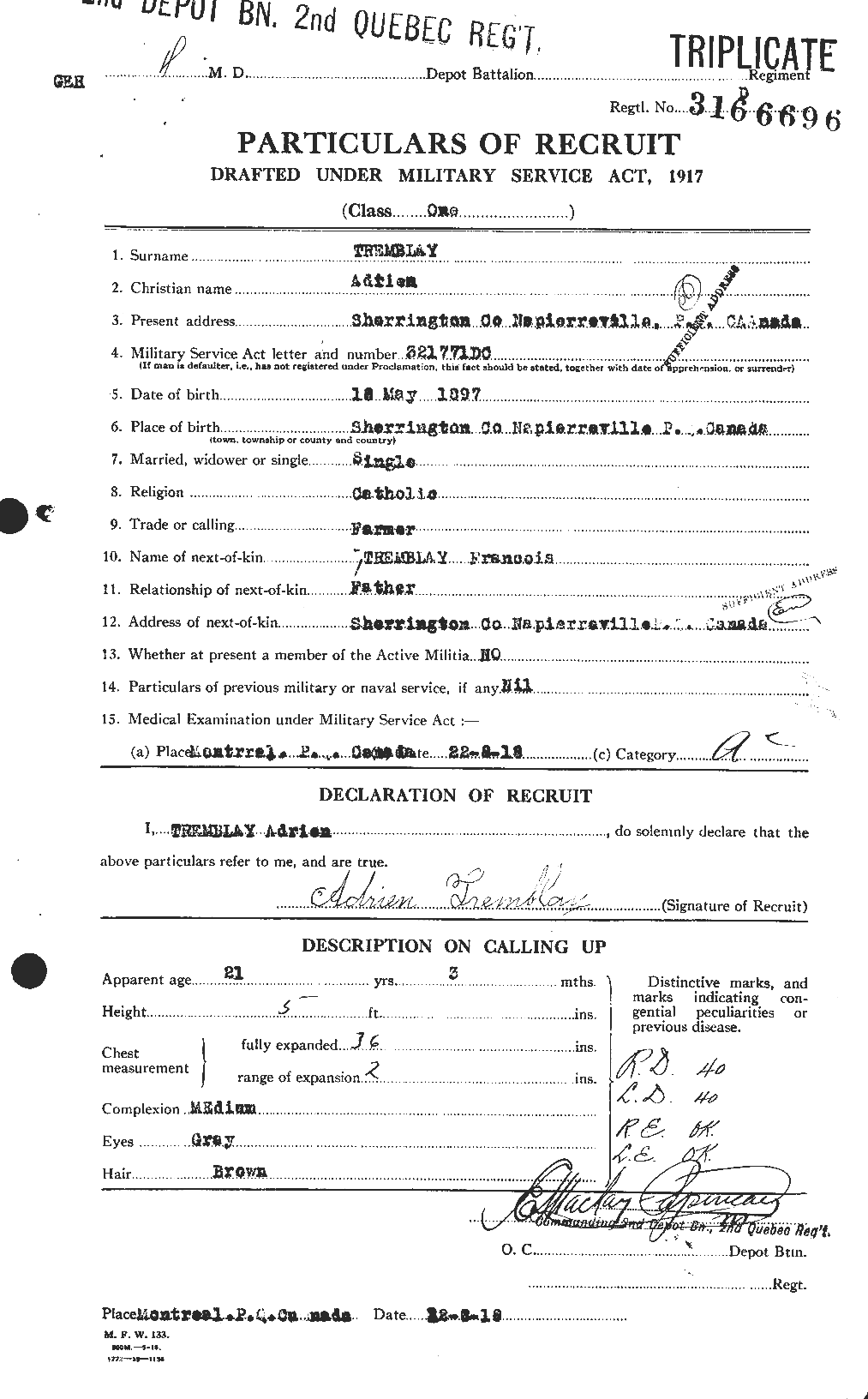 Dossiers du Personnel de la Première Guerre mondiale - CEC 637564a