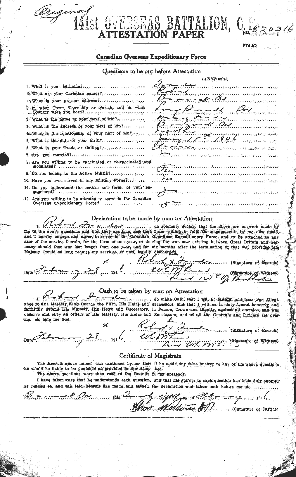 Dossiers du Personnel de la Première Guerre mondiale - CEC 637609a
