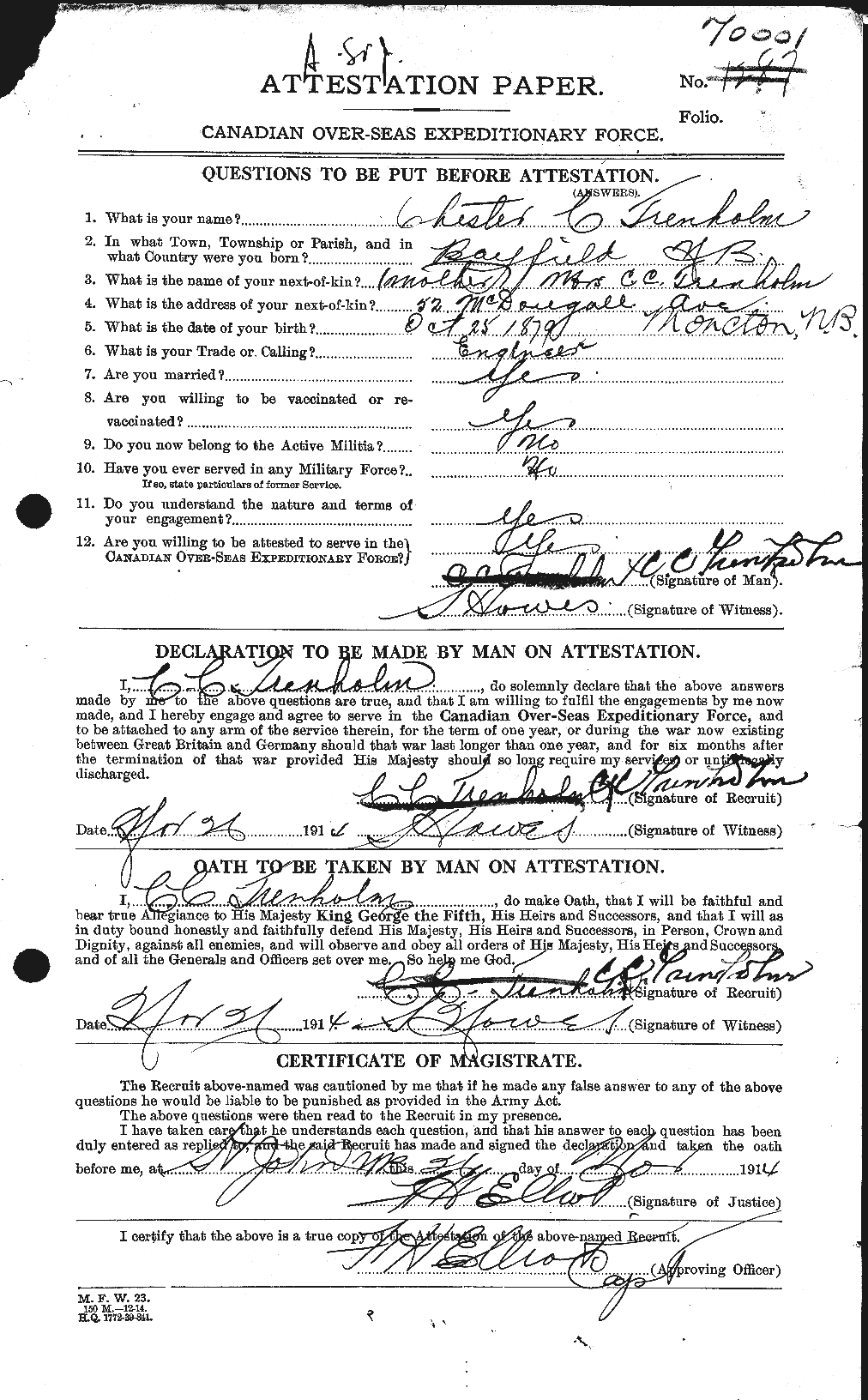 Dossiers du Personnel de la Première Guerre mondiale - CEC 638452a