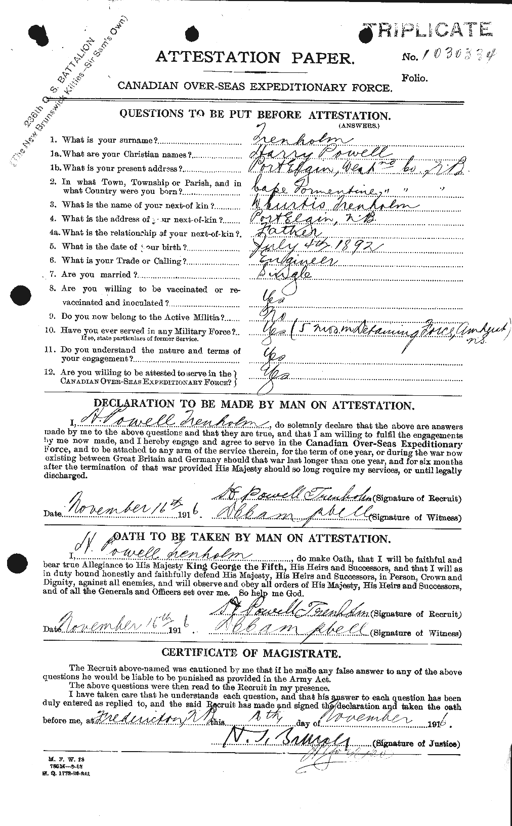 Dossiers du Personnel de la Première Guerre mondiale - CEC 638459a
