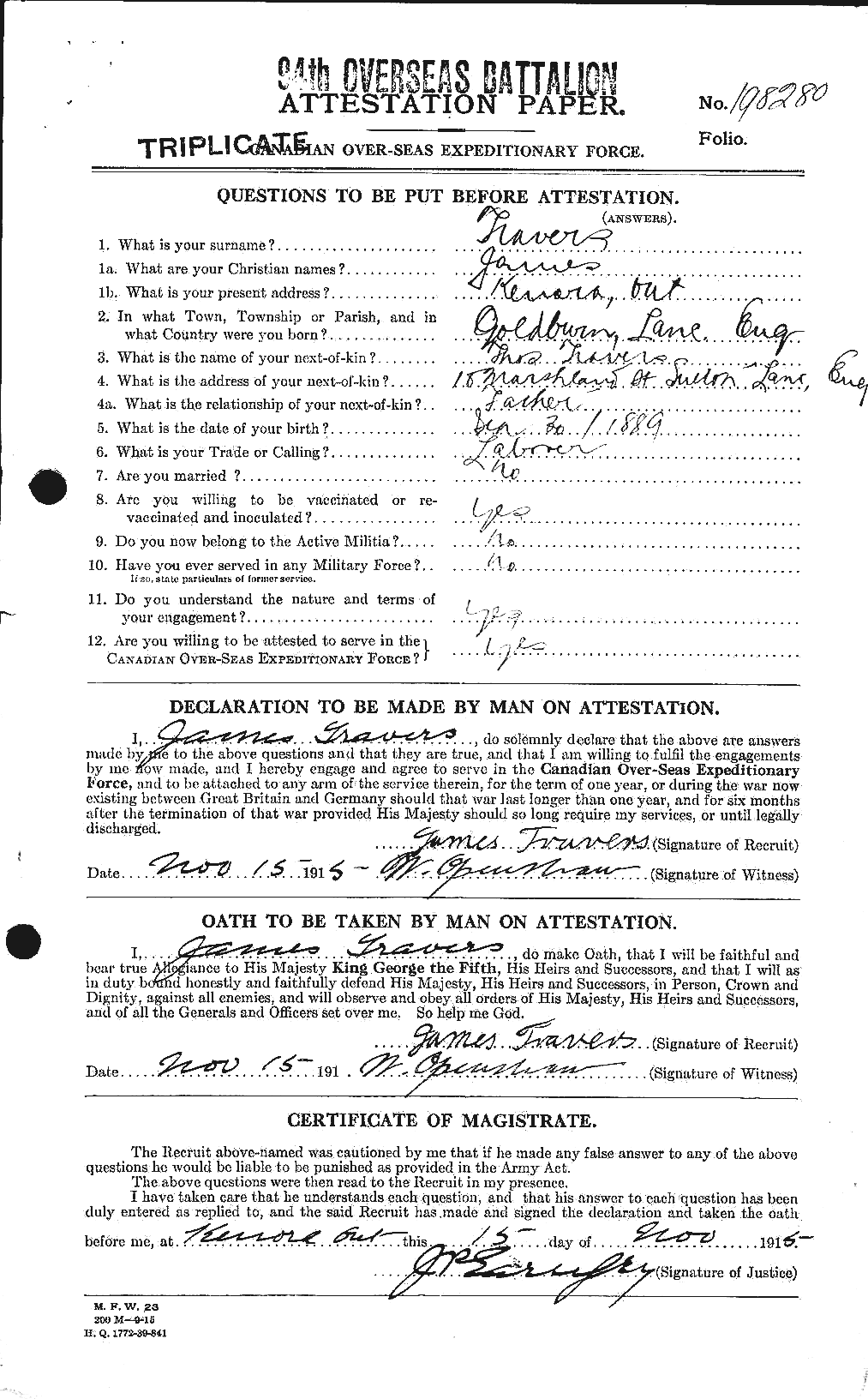 Dossiers du Personnel de la Première Guerre mondiale - CEC 638708a