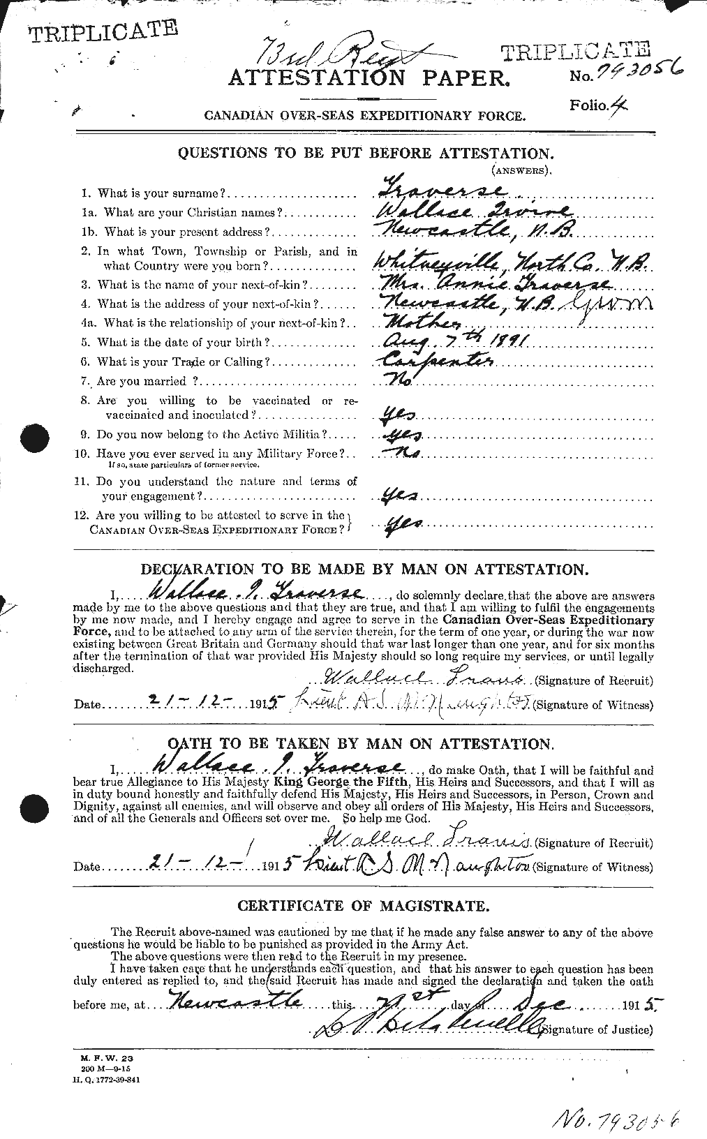 Dossiers du Personnel de la Première Guerre mondiale - CEC 638743a