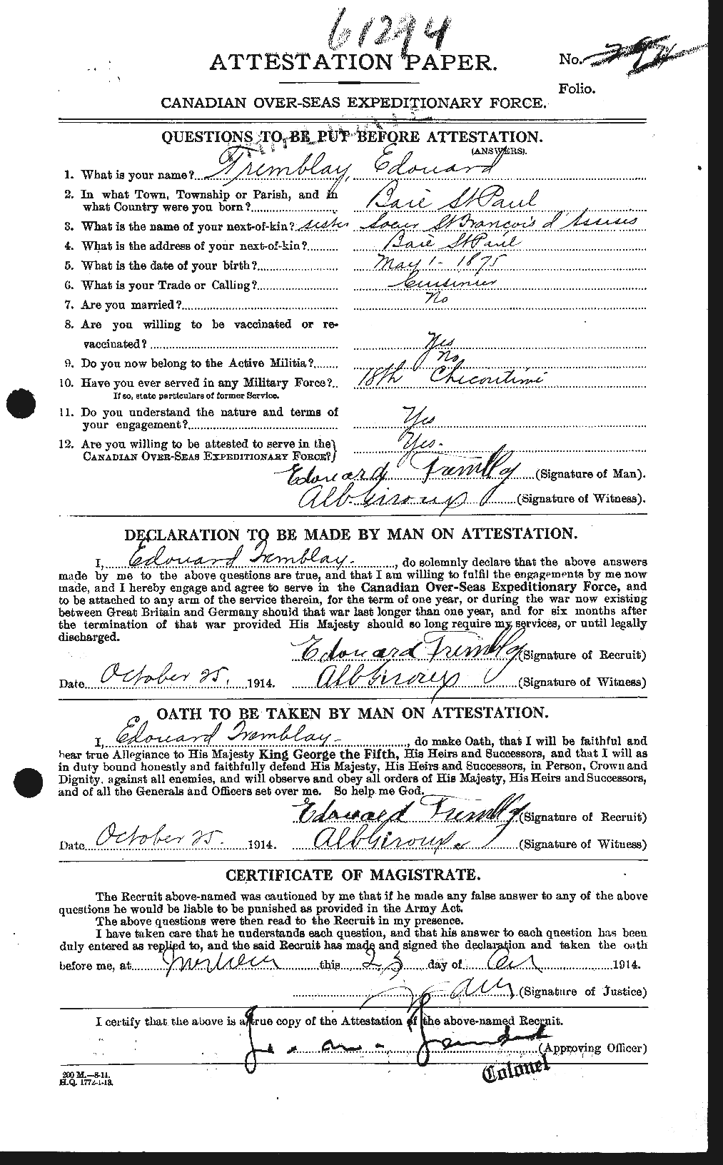 Personnel Records of the First World War - CEF 639007a