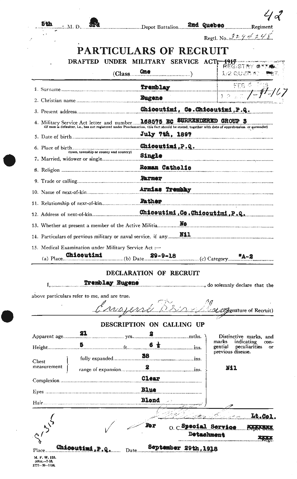 Dossiers du Personnel de la Première Guerre mondiale - CEC 639037a
