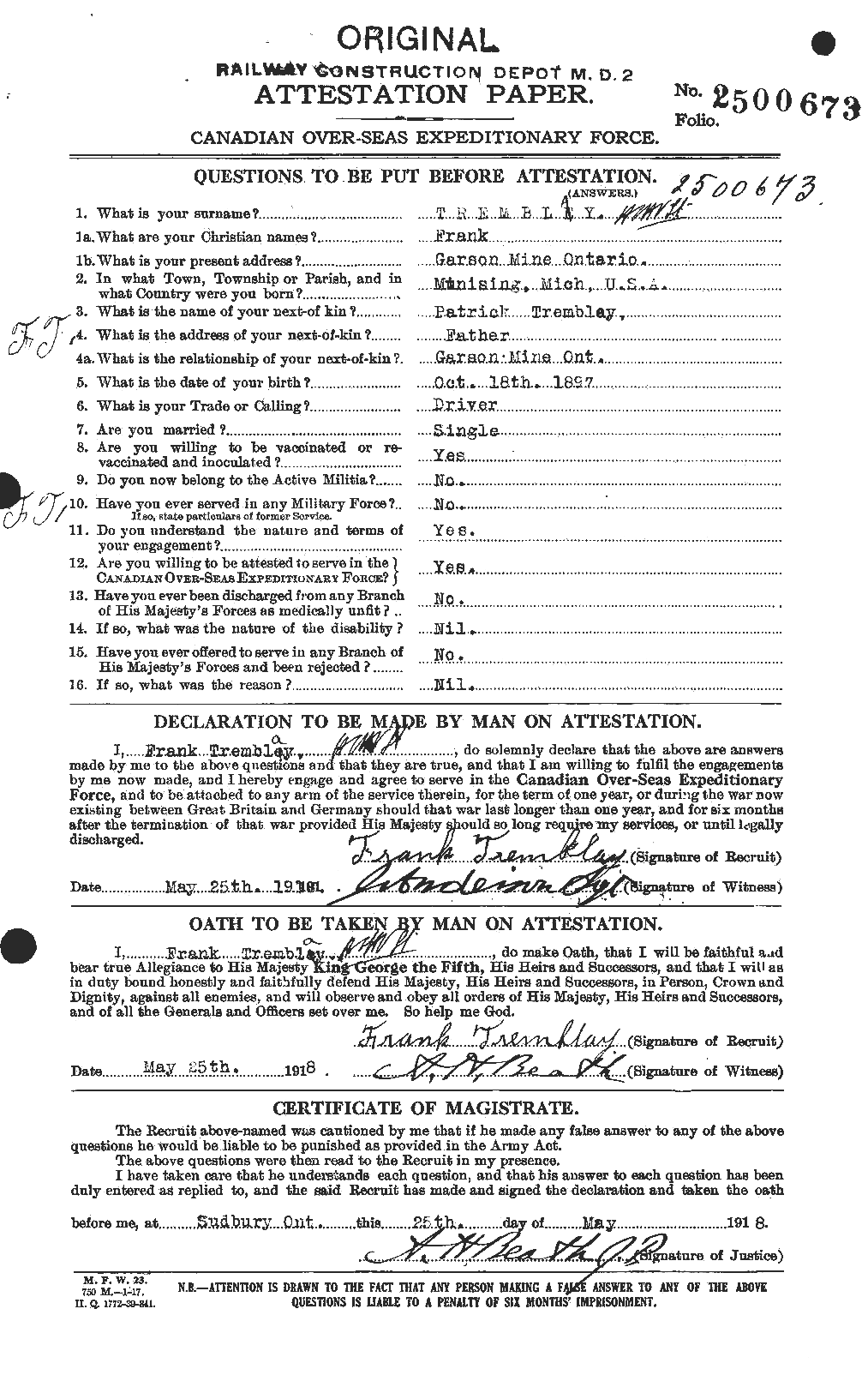 Personnel Records of the First World War - CEF 639050a