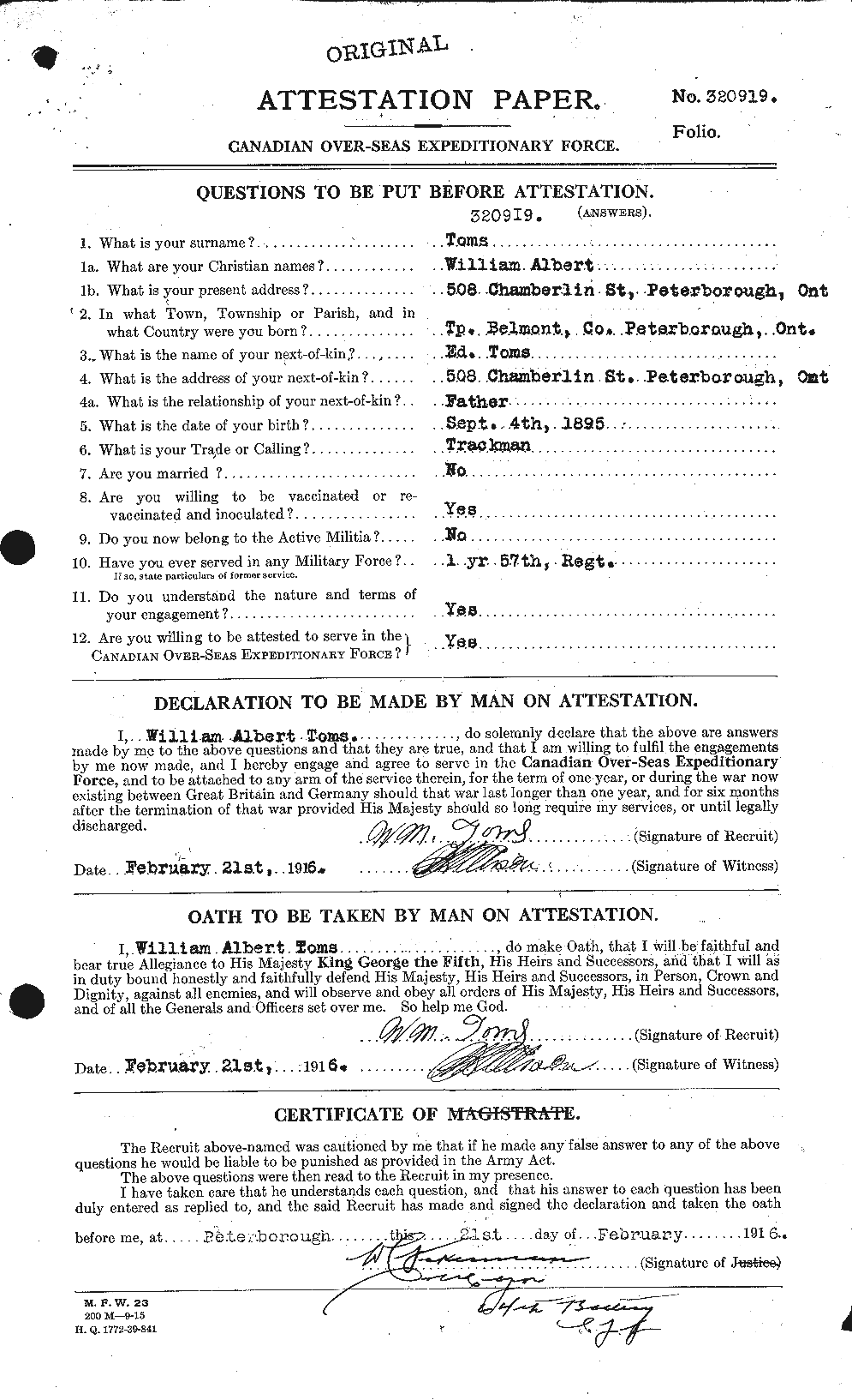 Dossiers du Personnel de la Première Guerre mondiale - CEC 639514a
