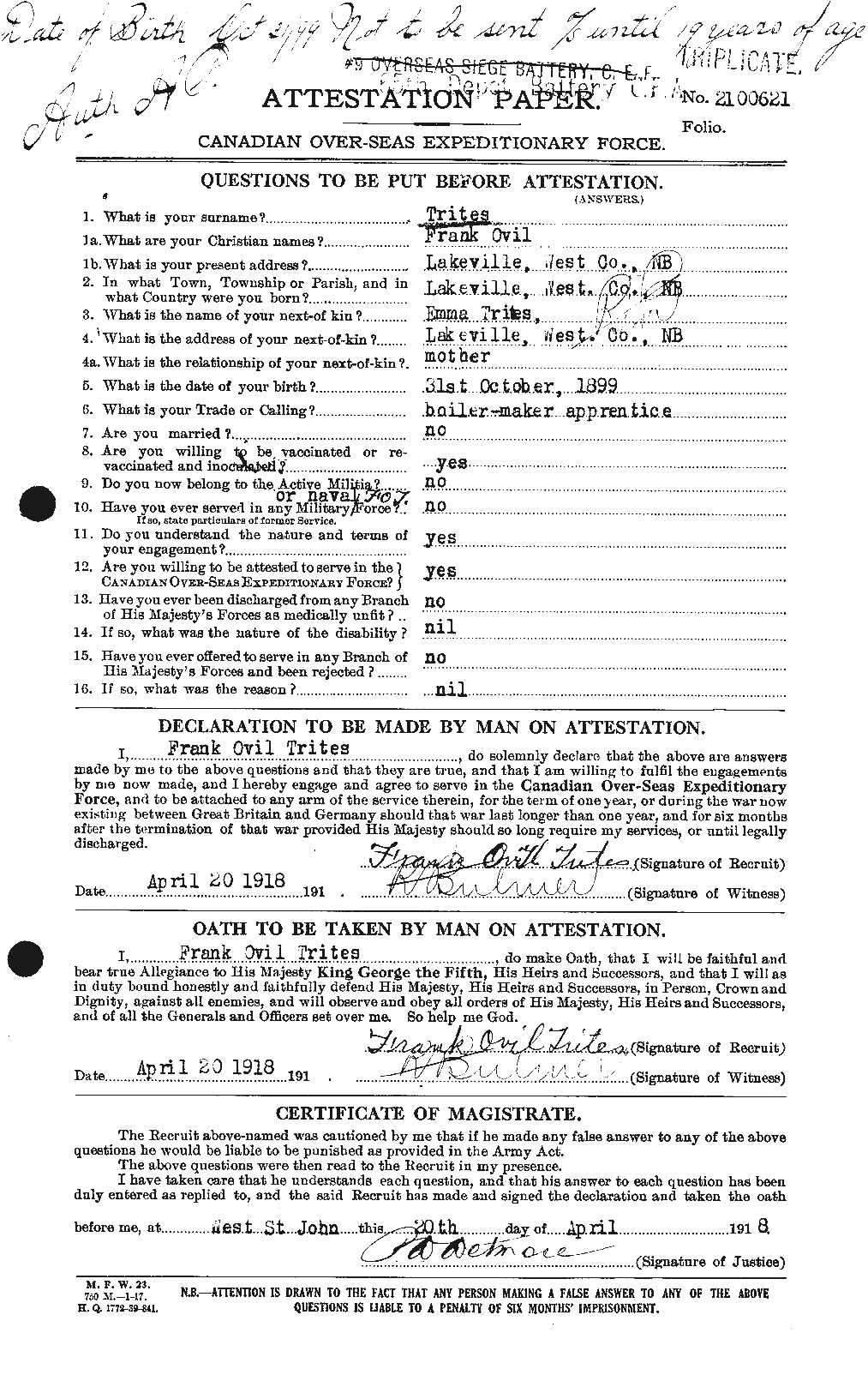 Dossiers du Personnel de la Première Guerre mondiale - CEC 640148a