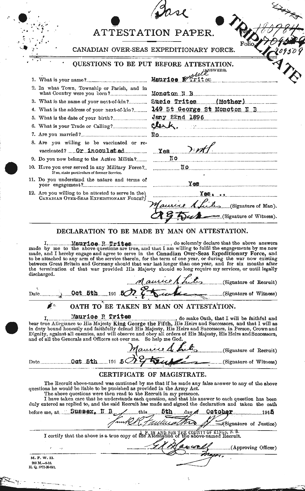 Dossiers du Personnel de la Première Guerre mondiale - CEC 640157a