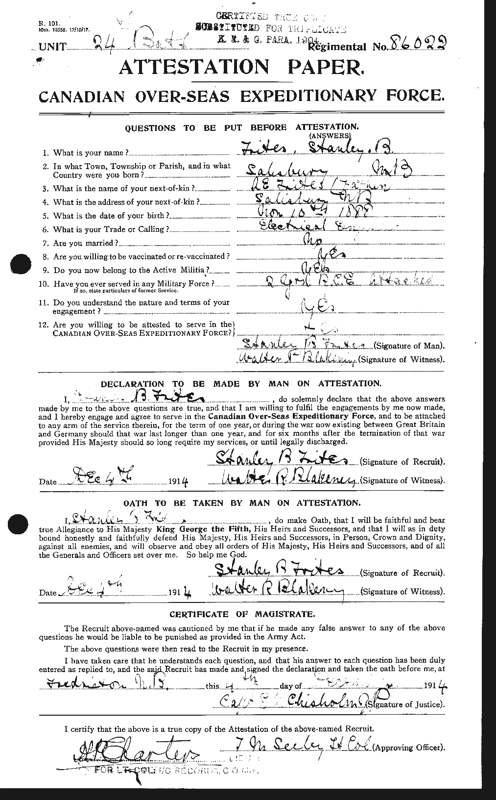 Dossiers du Personnel de la Première Guerre mondiale - CEC 640161a