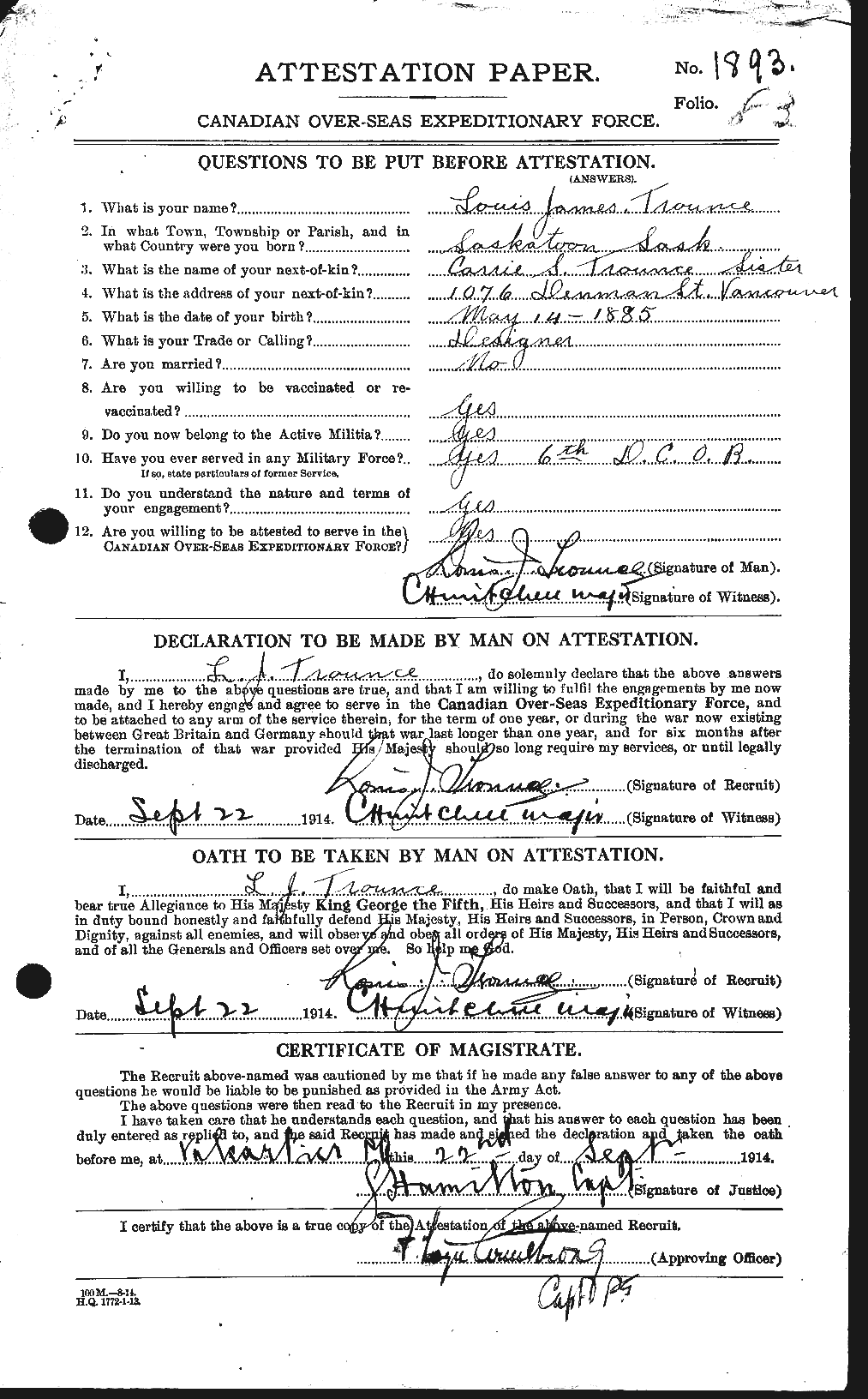 Dossiers du Personnel de la Première Guerre mondiale - CEC 640453a
