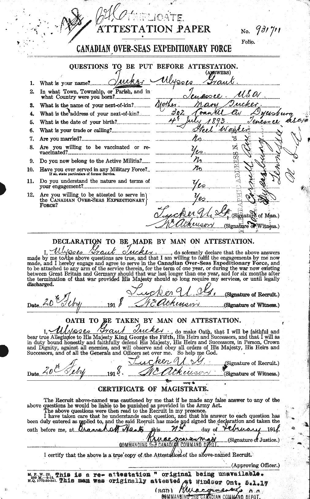 Dossiers du Personnel de la Première Guerre mondiale - CEC 642845a