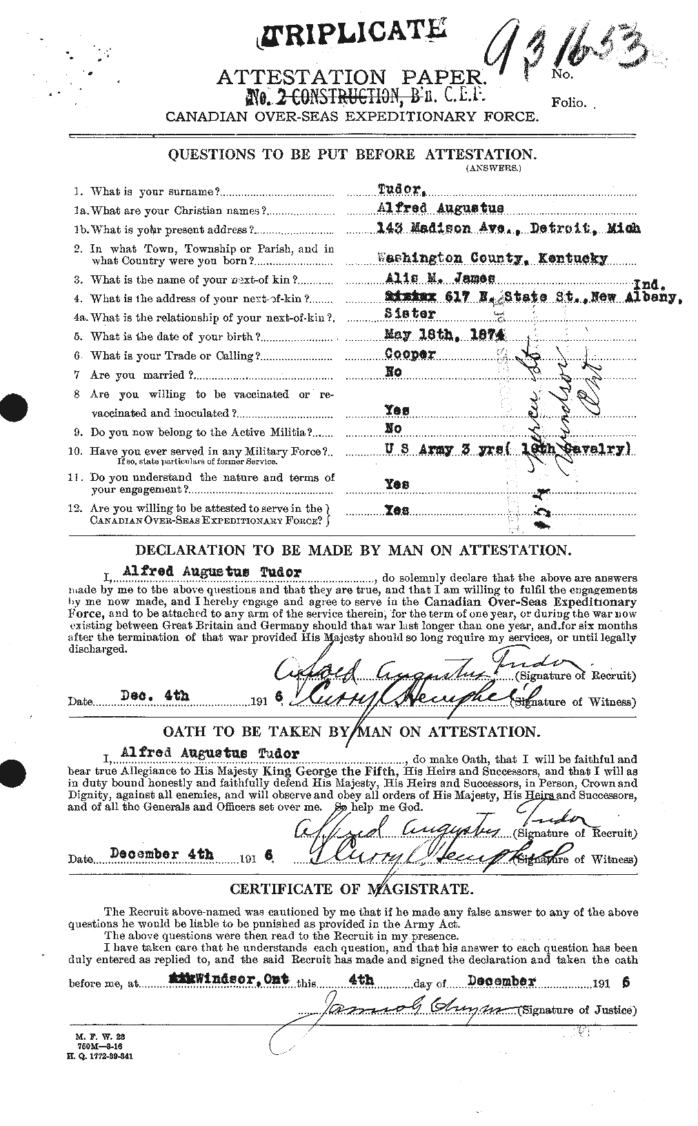 Dossiers du Personnel de la Première Guerre mondiale - CEC 642946a