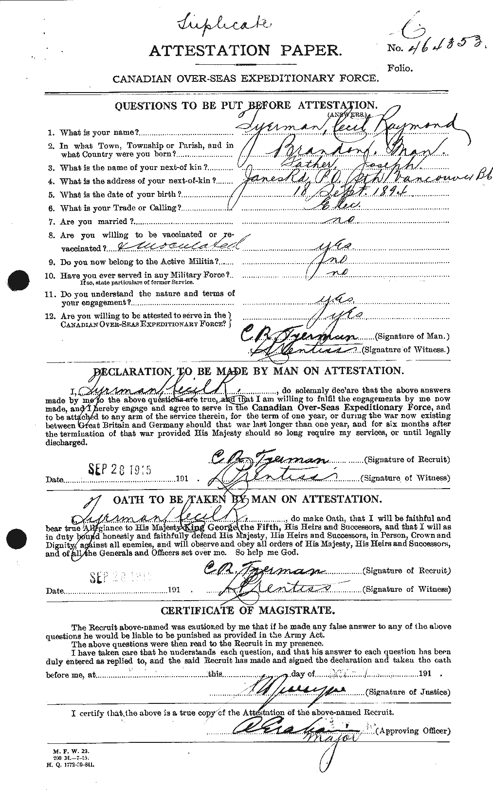 Personnel Records of the First World War - CEF 643646a