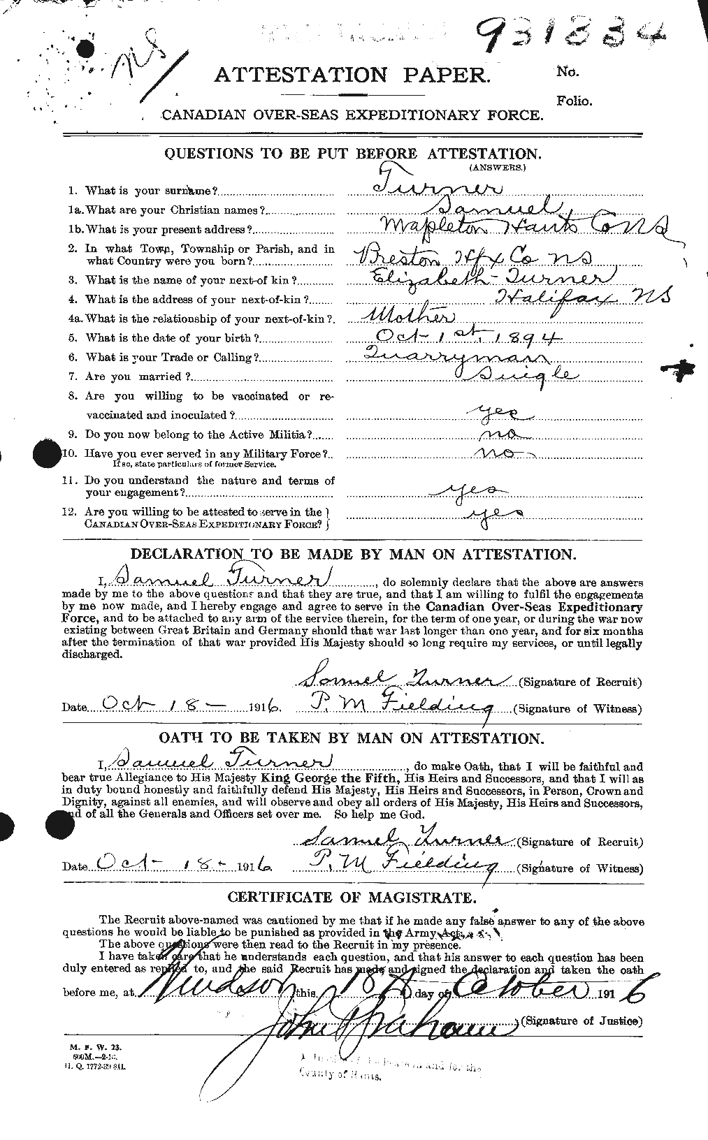Dossiers du Personnel de la Première Guerre mondiale - CEC 643857a